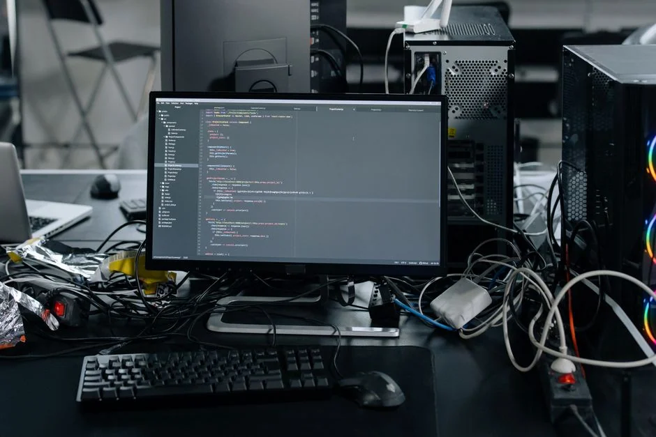 A contemporary workstation with dual computer monitors showing web design projects, highlighting both technology and productivity.